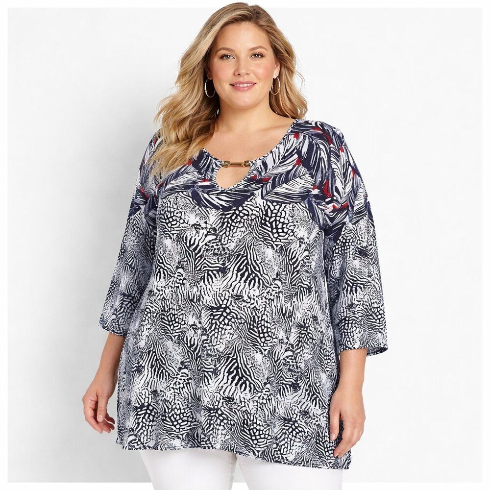 New Directions Curvy  Tunic Top Size 3X NWOT Navy Blue & White